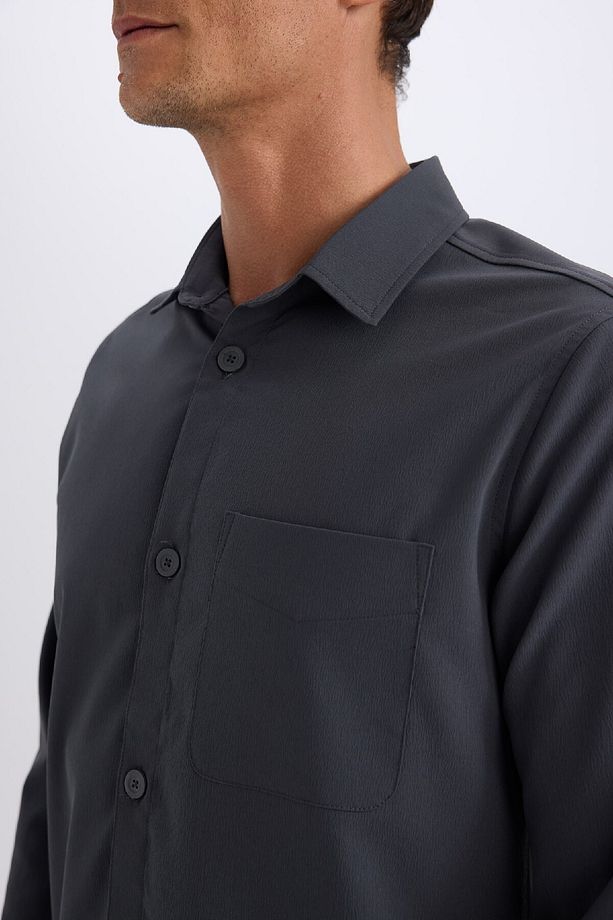 Regular Fit Polo Yaka Basic Düz Gofre Uzun Kollu Gömlek D8713ax25sp - 5