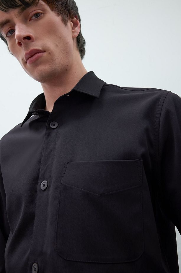 Regular Fit Polo Yaka Basic Düz Gofre Uzun Kollu Siyah Gömlek D8713ax25sp - 3