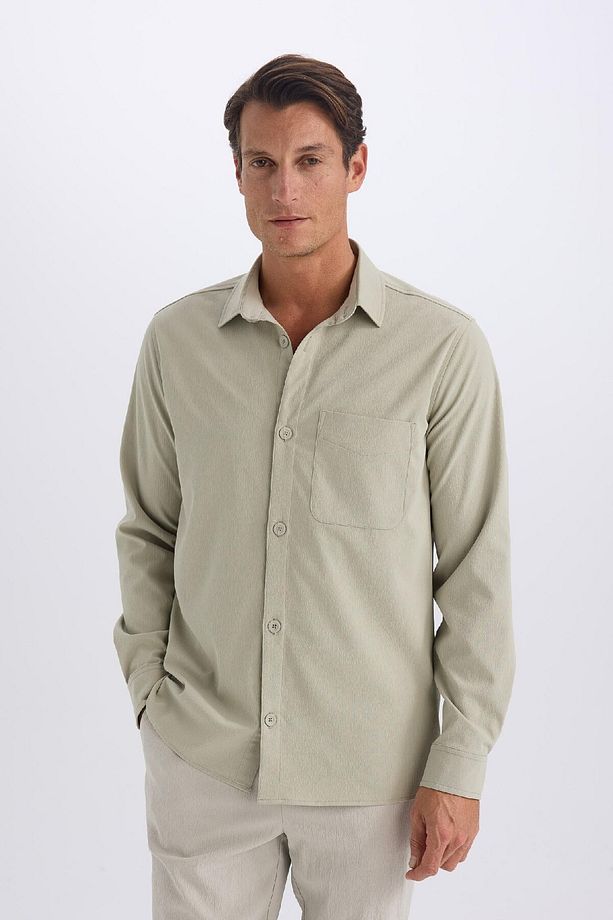 Regular Fit Polo Yaka Basic Düz Gofre Uzun Kollu Gömlek D8713ax25sp - 5