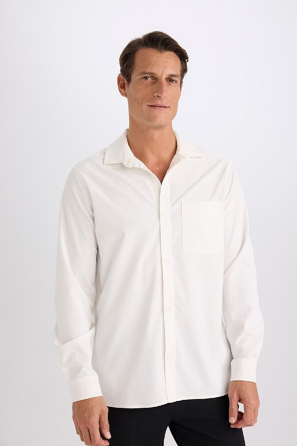 Regular Fit Polo Yaka Basic Düz Gofre Uzun Kollu Beyaz Gömlek D8713ax25sp - 5