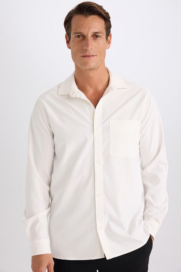 Regular Fit Polo Yaka Basic Düz Gofre Uzun Kollu Beyaz Gömlek D8713ax25sp - 3
