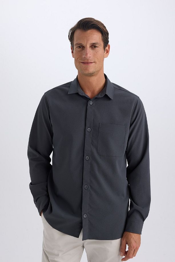 Regular Fit Polo Yaka Basic Düz Gofre Uzun Kollu Gömlek D8713ax25sp - 3