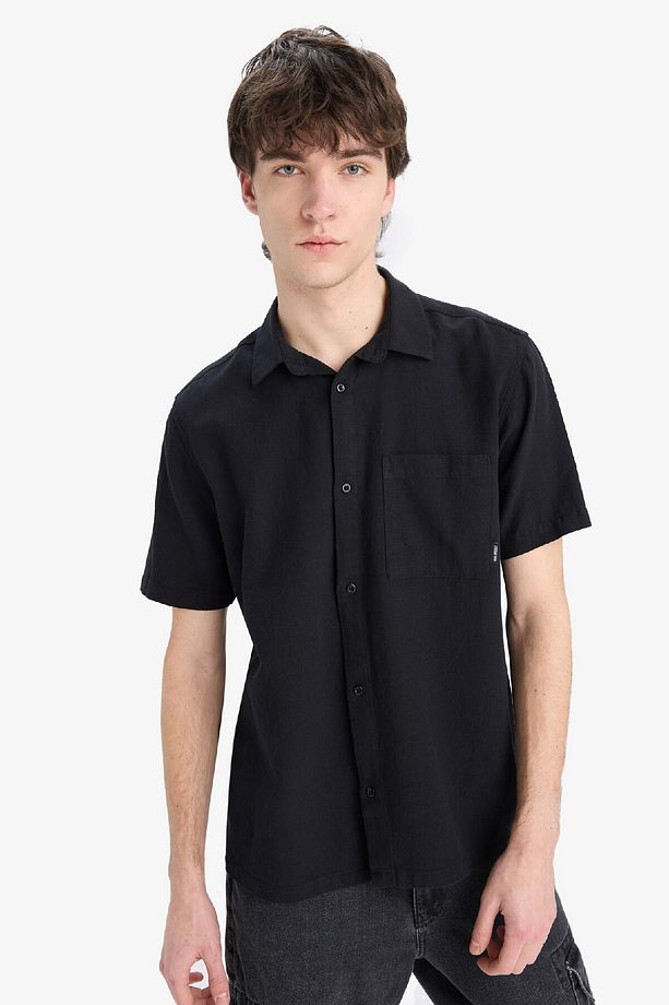 %100 Pamuk Regular Fit Yazlık Kısa Kollu Siyah Gömlek E0461ax25sm - 1