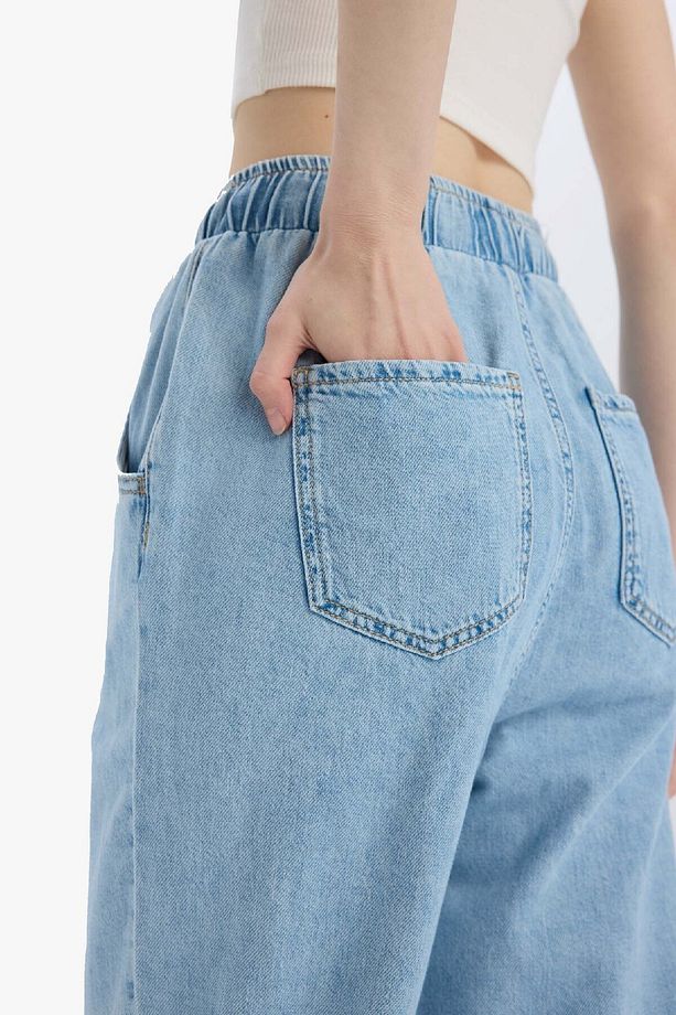 Pull On Paperbag Yüksek Bel Düz Paça Uzun Yumuşak Jean Pantolon E0733AX25SM - 6