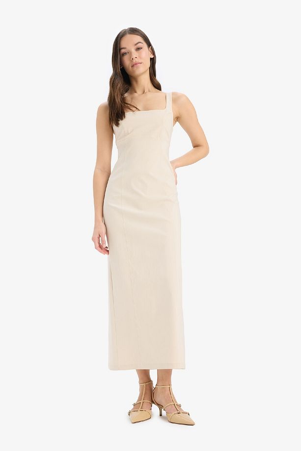 Bodycon Vücudu Saran Basic Düz Kare Yaka Askılı Maxi Elbise C5027AX25SP - 4