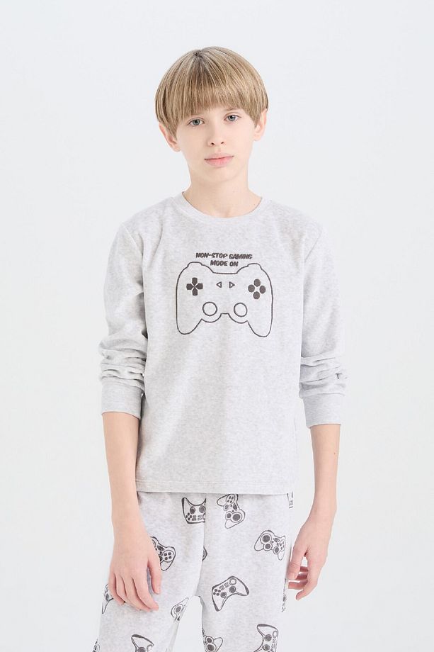 Erkek Çocuk Kadife Pijama Takımı Bisiklet Yaka Baskılı Uzun Kollu Üst Uzun Alt D8599A824CW - 4