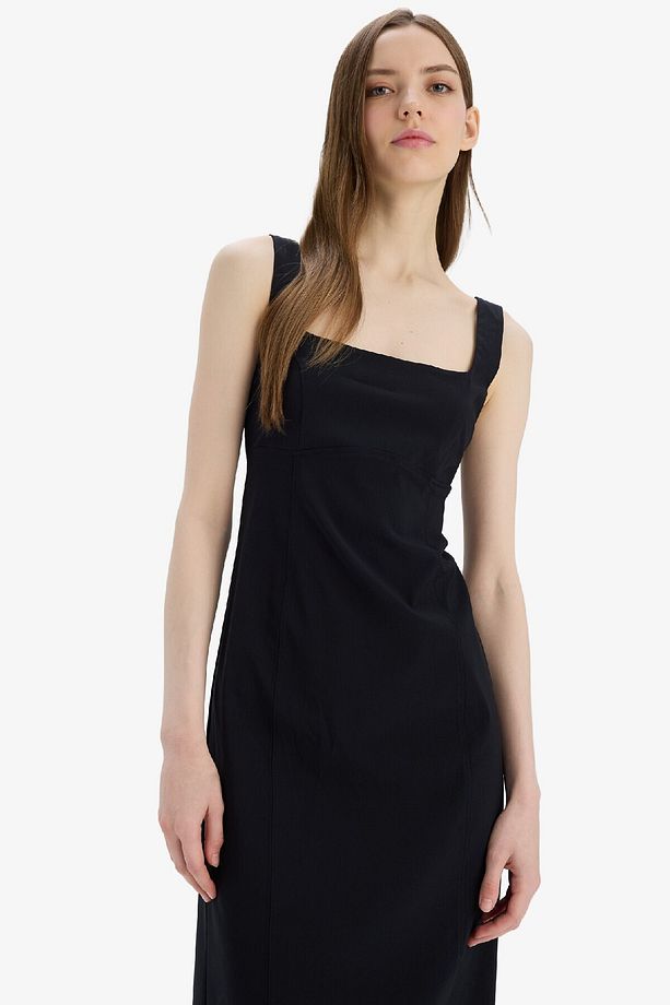 Bodycon Vücudu Saran Basic Düz Kare Yaka Askılı Maxi Elbise C5027ax25sp - 4