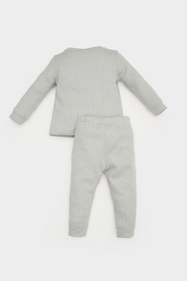 Erkek Bebek Pijama Takımı Dinazor Baskılı Waffle Uzun Kollu Üst Beli Lastikli Uzun Alt E0754A525SP - 4