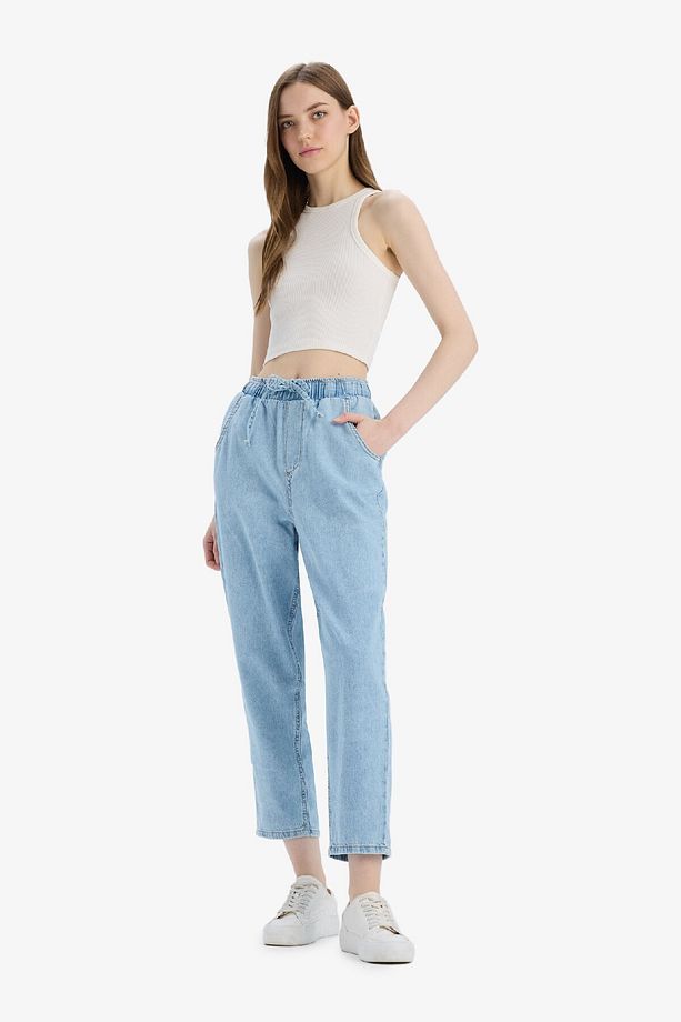 Pull On Paperbag Yüksek Bel Düz Paça Uzun Yumuşak Jean Pantolon E0733AX25SM - 4