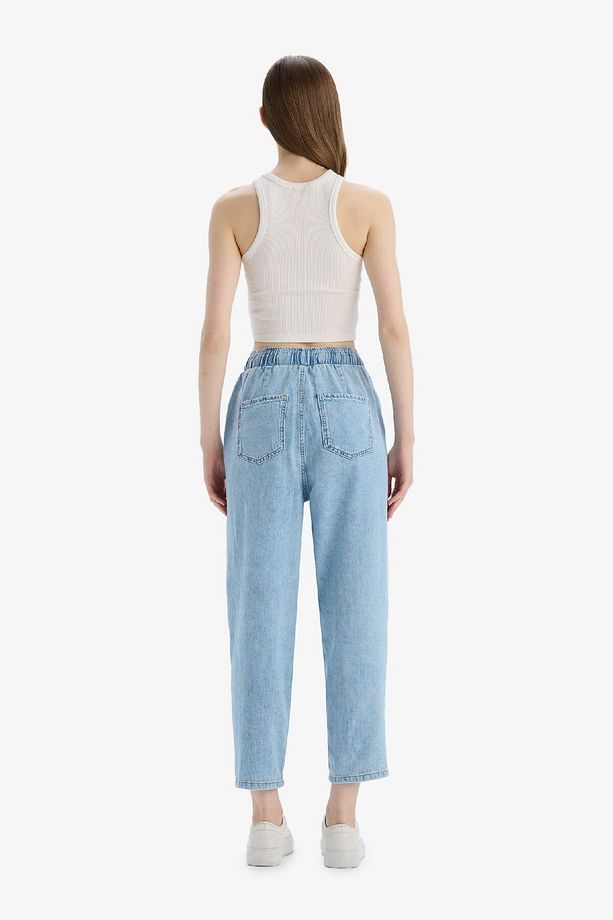 Pull On Paperbag Yüksek Bel Düz Paça Uzun Yumuşak Jean Pantolon E0733AX25SM - 7