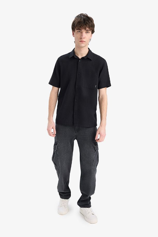 %100 Pamuk Regular Fit Yazlık Kısa Kollu Siyah Gömlek E0461ax25sm - 3
