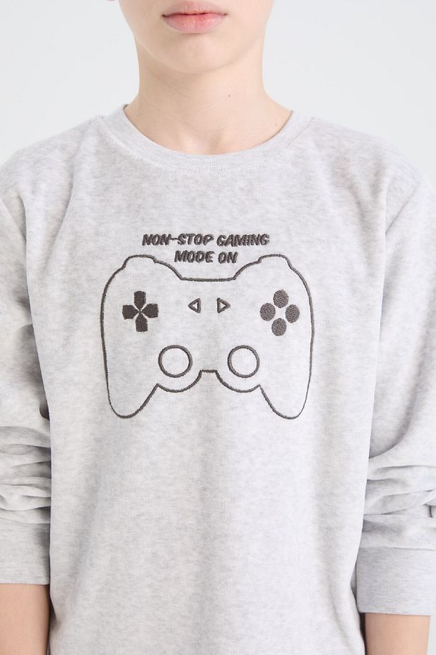 Erkek Çocuk Kadife Pijama Takımı Bisiklet Yaka Baskılı Uzun Kollu Üst Uzun Alt D8599A824CW - 5