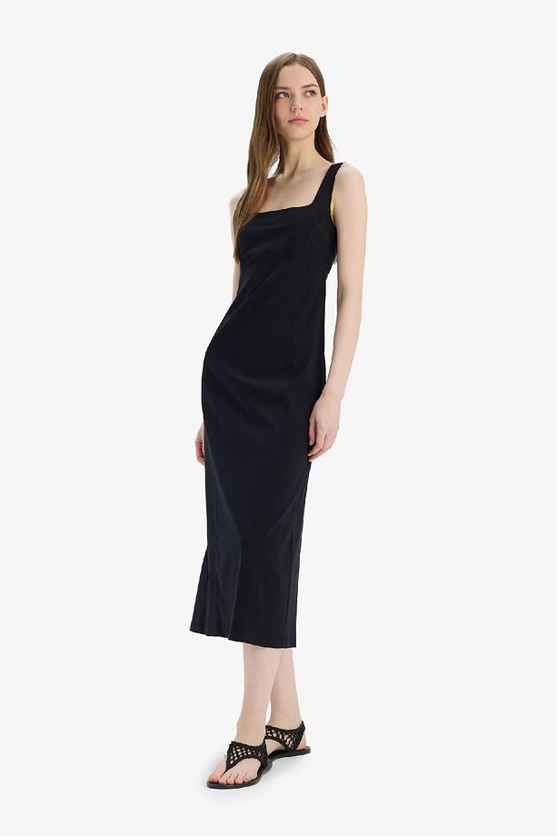 Bodycon Vücudu Saran Basic Düz Kare Yaka Askılı Maxi Elbise C5027ax25sp - 3