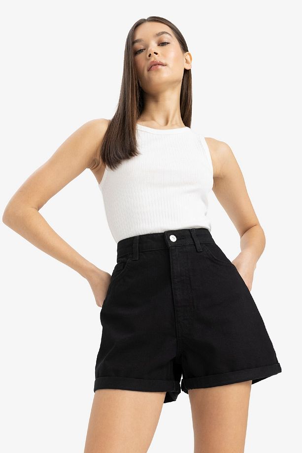Mom Fit Yüksek Bel Duble Paça Jean Şort E0926AX25SM - 5