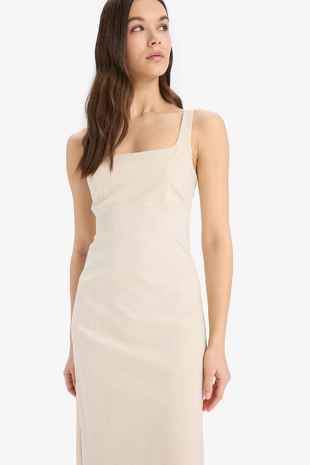 Bodycon Vücudu Saran Basic Düz Kare Yaka Askılı Maxi Elbise C5027AX25SP - 5