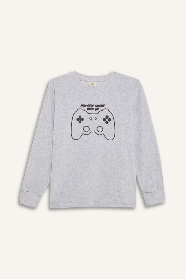 Erkek Çocuk Kadife Pijama Takımı Bisiklet Yaka Baskılı Uzun Kollu Üst Uzun Alt D8599A824CW - 8