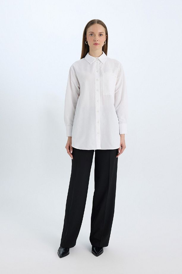 Relax Fit Poplin Basic Düz Beyaz Uzun Kollu Gömlek Tunik D7342ax25sp - 2