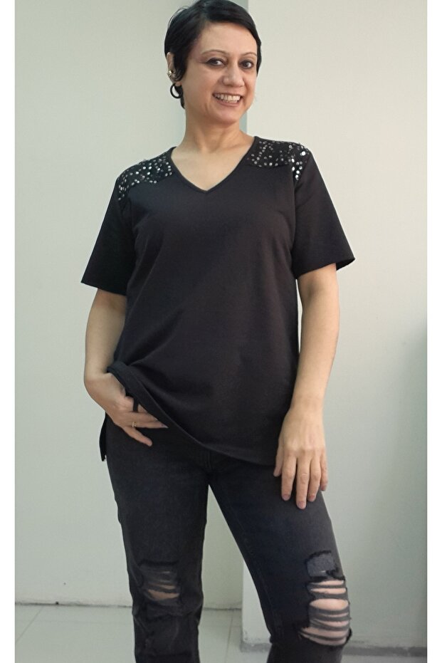 Black V-Neck Front Shoulder Black and White Sequin Pallette Detailed Short-Sleeved Combed Viscose T-Shirt