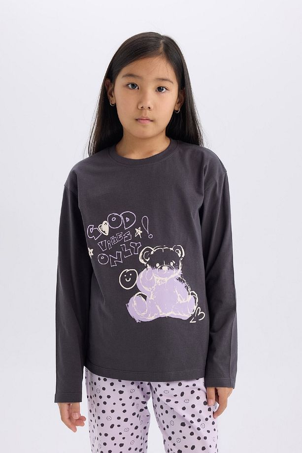 Kız Çocuk Pijama Takımı Baskılı Uzun Kollu Üst Esnek Belli Desenli Uzun Alt E0532a825sp - 4
