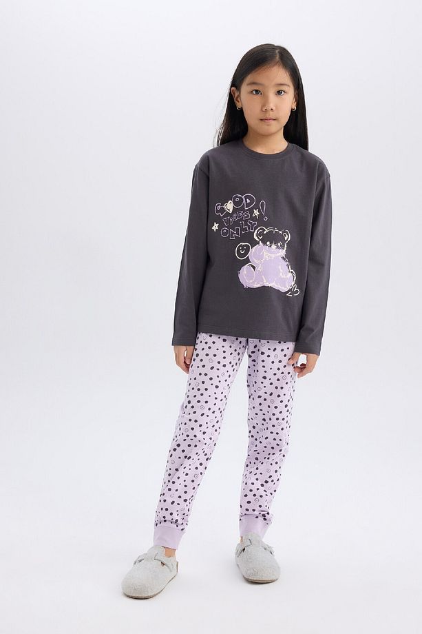 Kız Çocuk Pijama Takımı Baskılı Uzun Kollu Üst Esnek Belli Desenli Uzun Alt E0532a825sp - 1