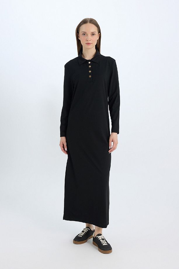 Regular Fit Gömlek Yaka Basic Düz Uzun Kollu Pike Maxi Elbise E1417ax24wn - 2
