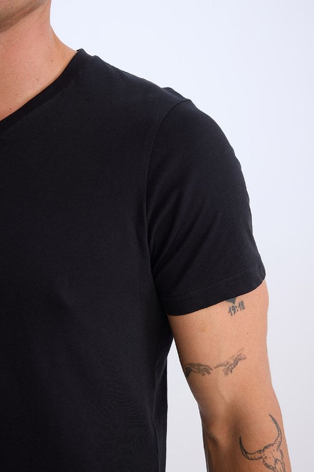 %100 Pamuk Regular Fit V Yaka Pamuklu Basic Düz Kısa Kollu Siyah Tişört D7938ax25sp - 4