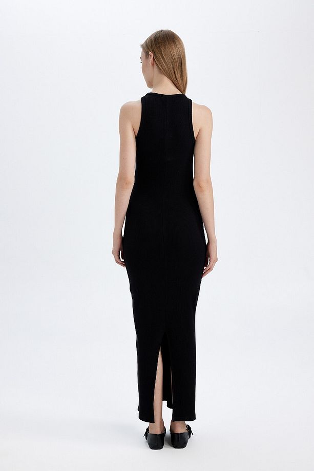 Bodycon Vücudu Saran Halter Yaka Basic Düz Fitilli Kaşkorse Kolsuz Maxi Siyah Elbise A4828ax24wn - 6