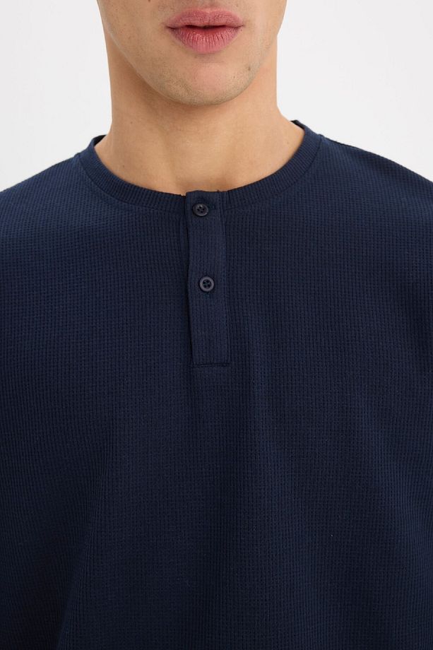 Regular Fit Waffle Pijama Takımı Basic Düz Bisiklet Yaka Uzun Kollu Üst Uzun Alt D8230AX24WN - 6