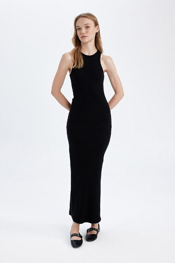Bodycon Vücudu Saran Halter Yaka Basic Düz Fitilli Kaşkorse Kolsuz Maxi Siyah Elbise A4828ax24wn - 3