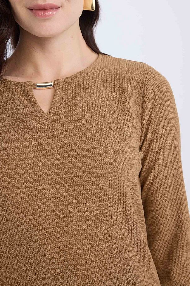 Bisiklet Yaka Basic Düz Bürümcük Uzun Kollu Maxi Elbise E1790AX24WN - 6