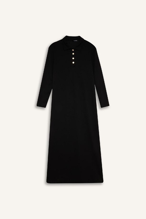 Regular Fit Gömlek Yaka Basic Düz Uzun Kollu Pike Maxi Elbise E1417ax24wn - 6