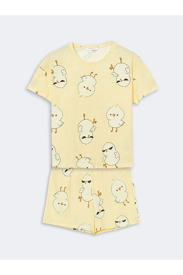 LCW Young Sarı Bisiklet Yaka Baskılı Kadın Şortlu Pijama Takımı - 4