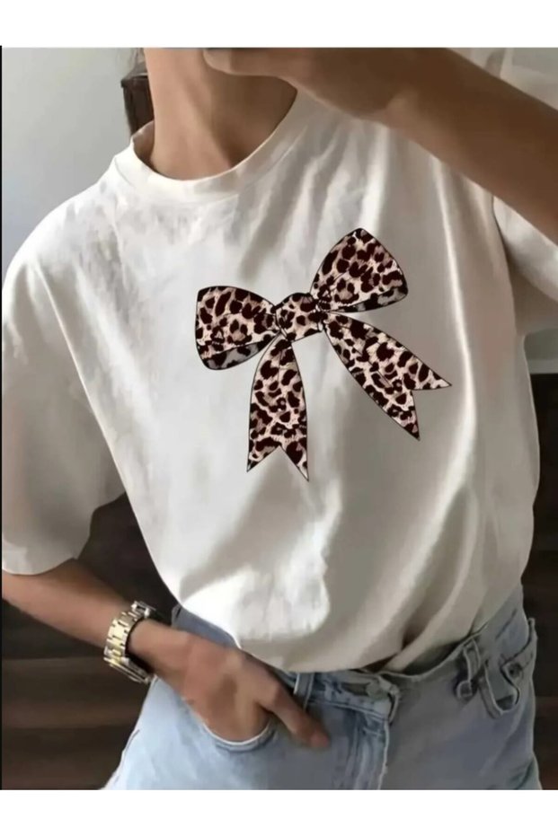 Tricou oversize cu model cu panglică leopard