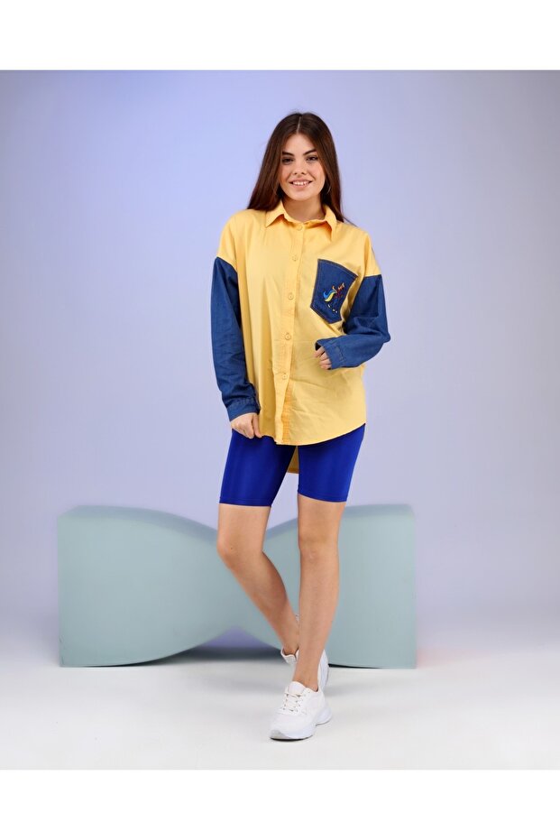 Kadın kot gömlek garnili oversize - 3