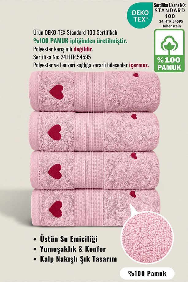 Luv 4'lü Havlu Seti %100 Pamuk Sertifikalı, Kalpli Nakışlı El Yüz Mutfak Havlusu 50x80cm Model4 - 2