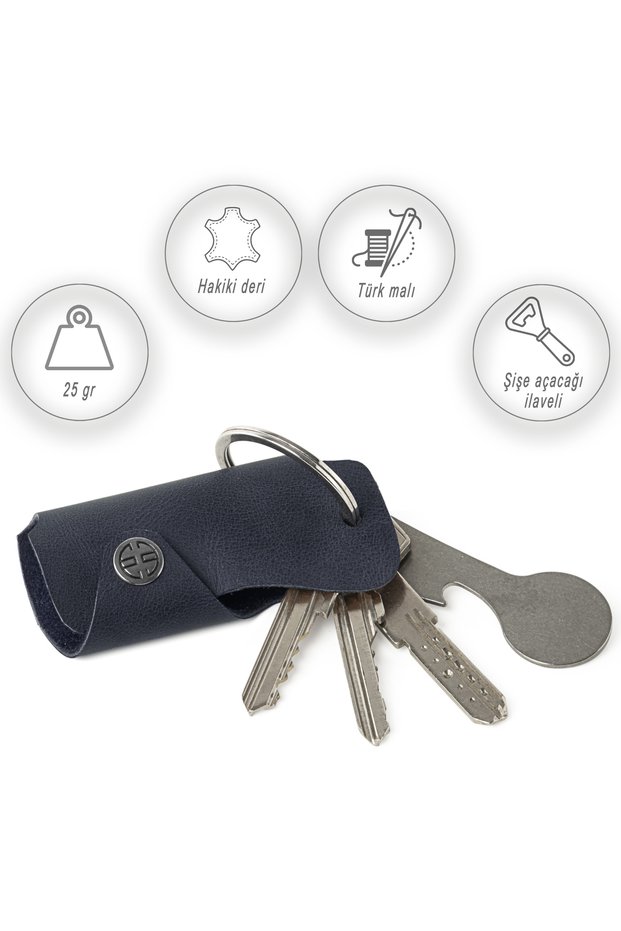 Ibiza Navy Blue Genuine Leather Unisex Keychain with Bottle Opener for Women and Men