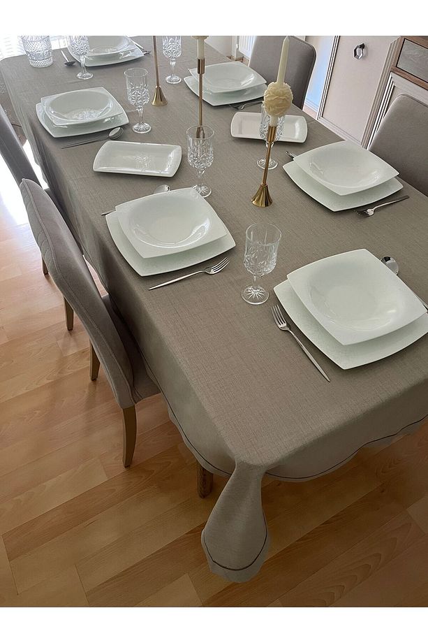 Piko Sarma Detaylı Polyester Keten Dertsiz Masa Örtüsü Taş Rengi - 5