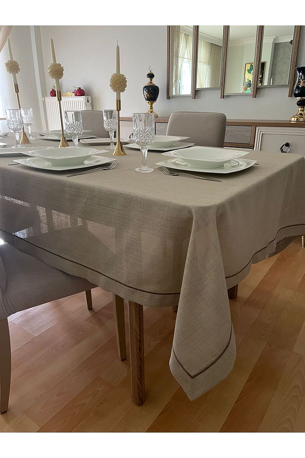 Piko Sarma Detaylı Polyester Keten Dertsiz Masa Örtüsü Taş Rengi - 7