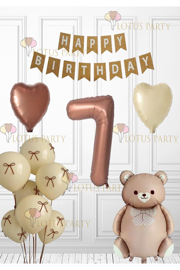 Retro Brown Bear Birthday Set Balloon with Ribbon Brown Heart Balloon Kraft Happy Banner 7 Years Old