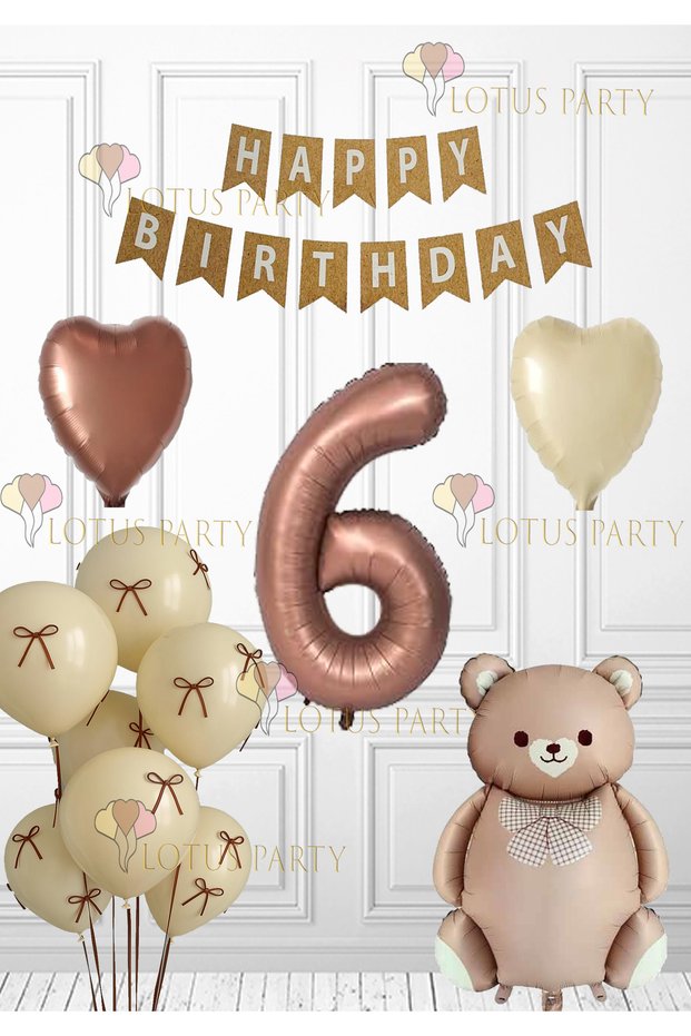 Retro Brown Bear Birthday Set Ribbon Balloon Brown Heart Balloon Kraft Happy Banner 6 Years Old