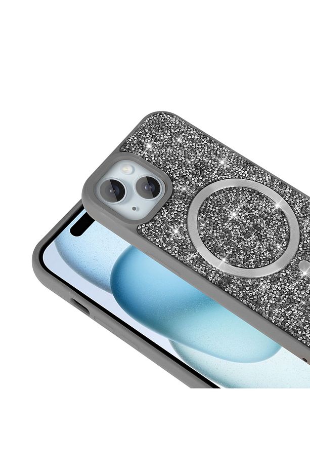 iPhone 13 Ve 14 Uyumlu Kılıf Kum Taşlı Kristal Görünümlü Simli Parlak Renkli Magsafe Kapak - 2