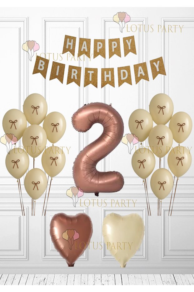Retro Birthday Set - Balloon with Ribbon - Brown Heart Balloon - Kraft Happy Birtyday Banner 2 Years Old