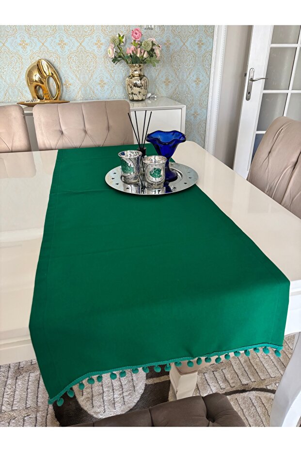 Green Pompom Runner 1 Piece Rectangular Tableware Kitchen Garden Presentation Cotton Dowry Fabric - 1