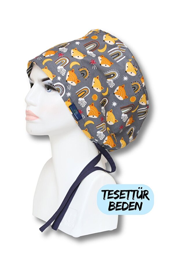 Hijab Size Fox Patterned Anthracite Surgical Bonnet Healthcare Hospital Bonnet