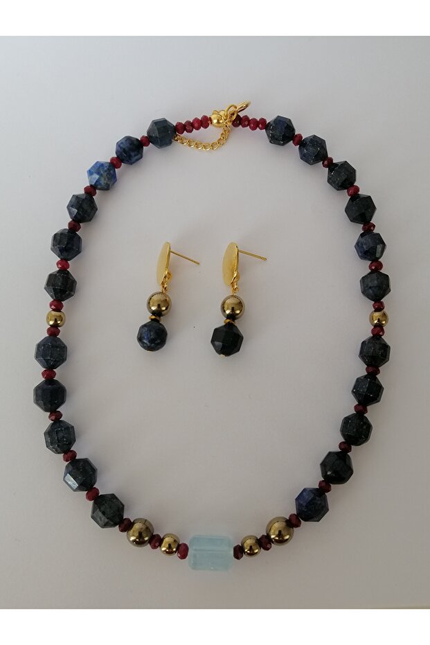 Doğal taş kolye,küpe;Lapis lazuli,Lal garnet,Akuamarin ve hematit taşları ile tasaralanmıştır. - 3