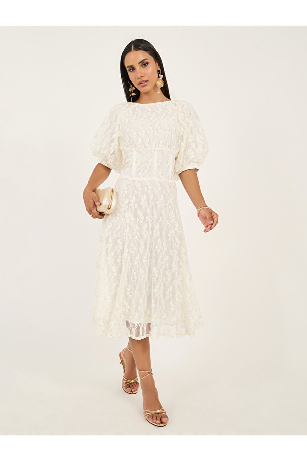 Lace Balloon Sleeves A-Line Midi Dress