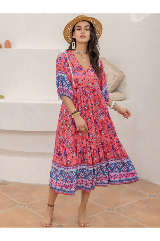 Floral Printed Half Sleeves V Neck Midi Dress