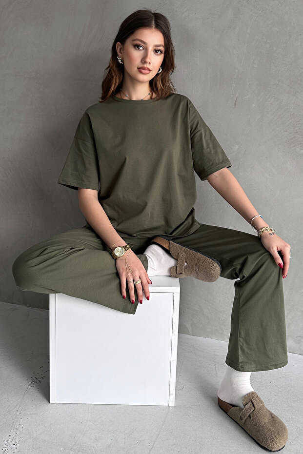 Khaki Cotton Oversize T-Shirt Pants Women's Two Piece Set