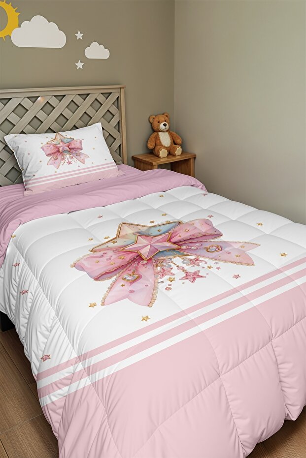 Pink Star Bow Patterned Single Quilt and Pillowcase