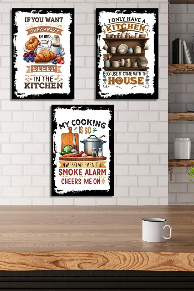 Set of 3 Wooden Wall Posters, Modern Art Decor for the Kitchen, Cafe, or Dining Room